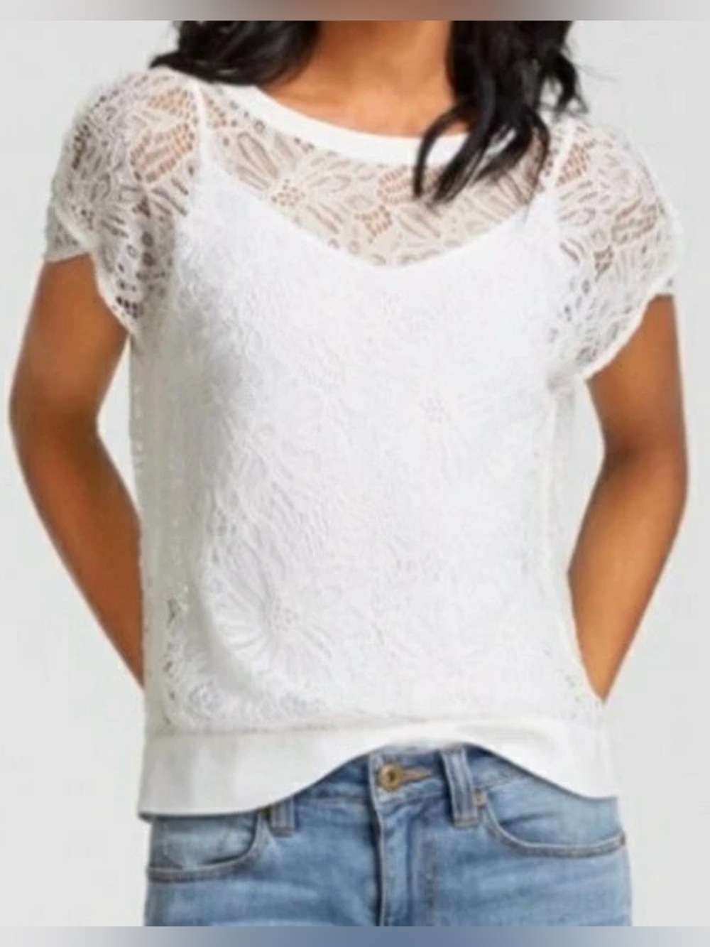 CABI Ole Floral Lace Boxy Cropped Top